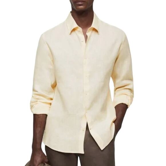 Mango 100% Linen Button Down Shirt, Butter Yellow, Casual, Weekend, Resort, XL - Picture 1 of 11